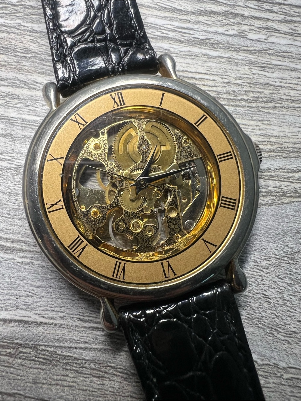 Gold Skeleton Dial Men's Mechanical Watch with Black Leather Strap